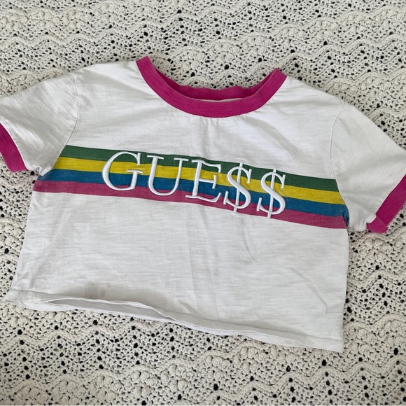 Guess x ASAP Rocky Embroidered Ringer Crew Crop Top T-Shirt White/Pink (XSmall) - Picture 2 of 8